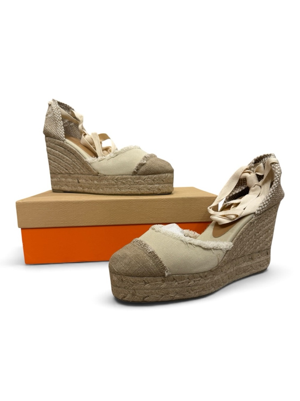 Castañer Fatima Sand Frayed Canvas Platform Espadrille Wedges Size 40
